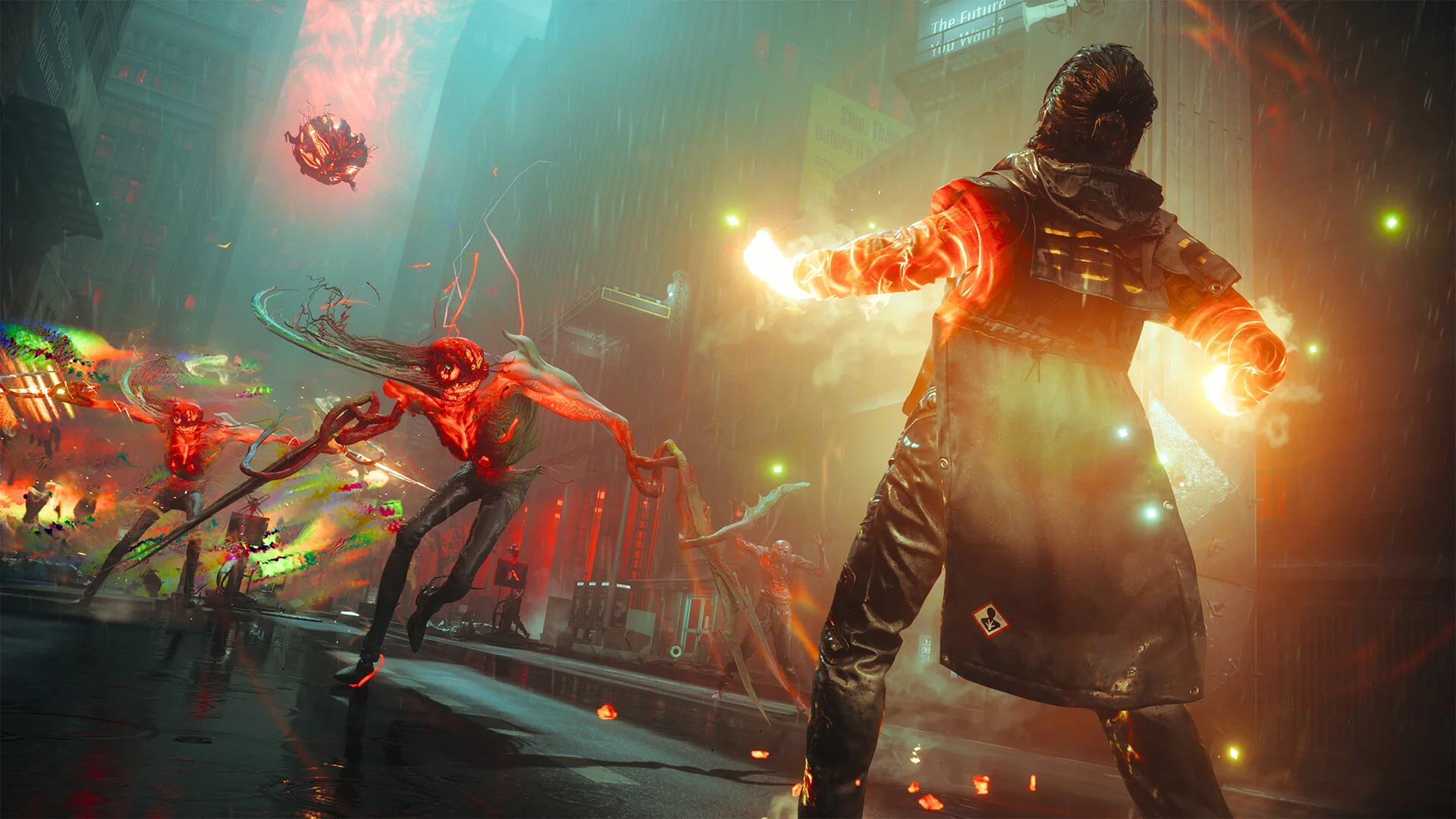 Dylan facing paranatural enemies in Manhattan in official CONTROL Resonant artwork